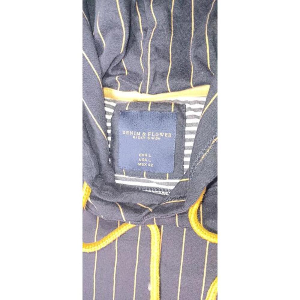 Denim & Flowers Ricky Singh Pullover Hoodie Mens Large Black And Gold Stripes... - Picture 2 of 10
